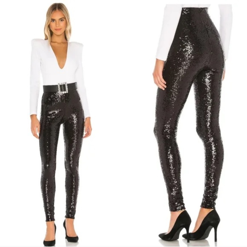 WAYF Leggings Womens M Black Sequin High Waist Pull On Logan Pants Holiday NWT! - Picture 2 of 6